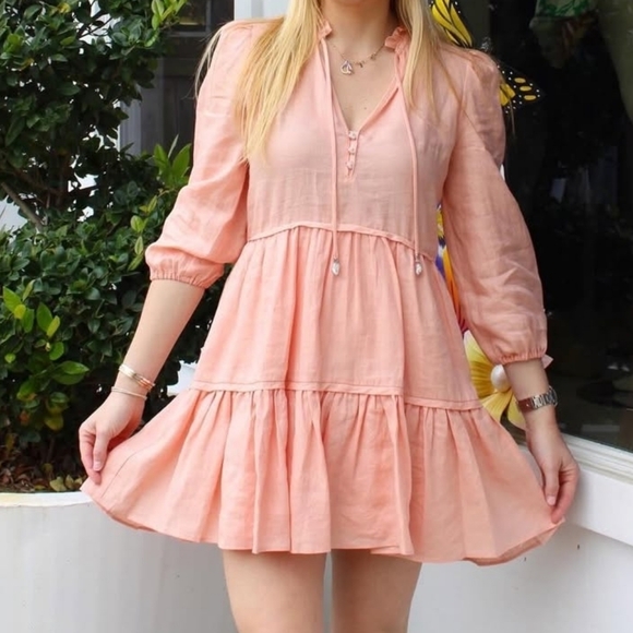 Veronica Beard Hawken Tiered‎ Linen Minidress Size 8 Pink Babydoll - Picture 2 of 13